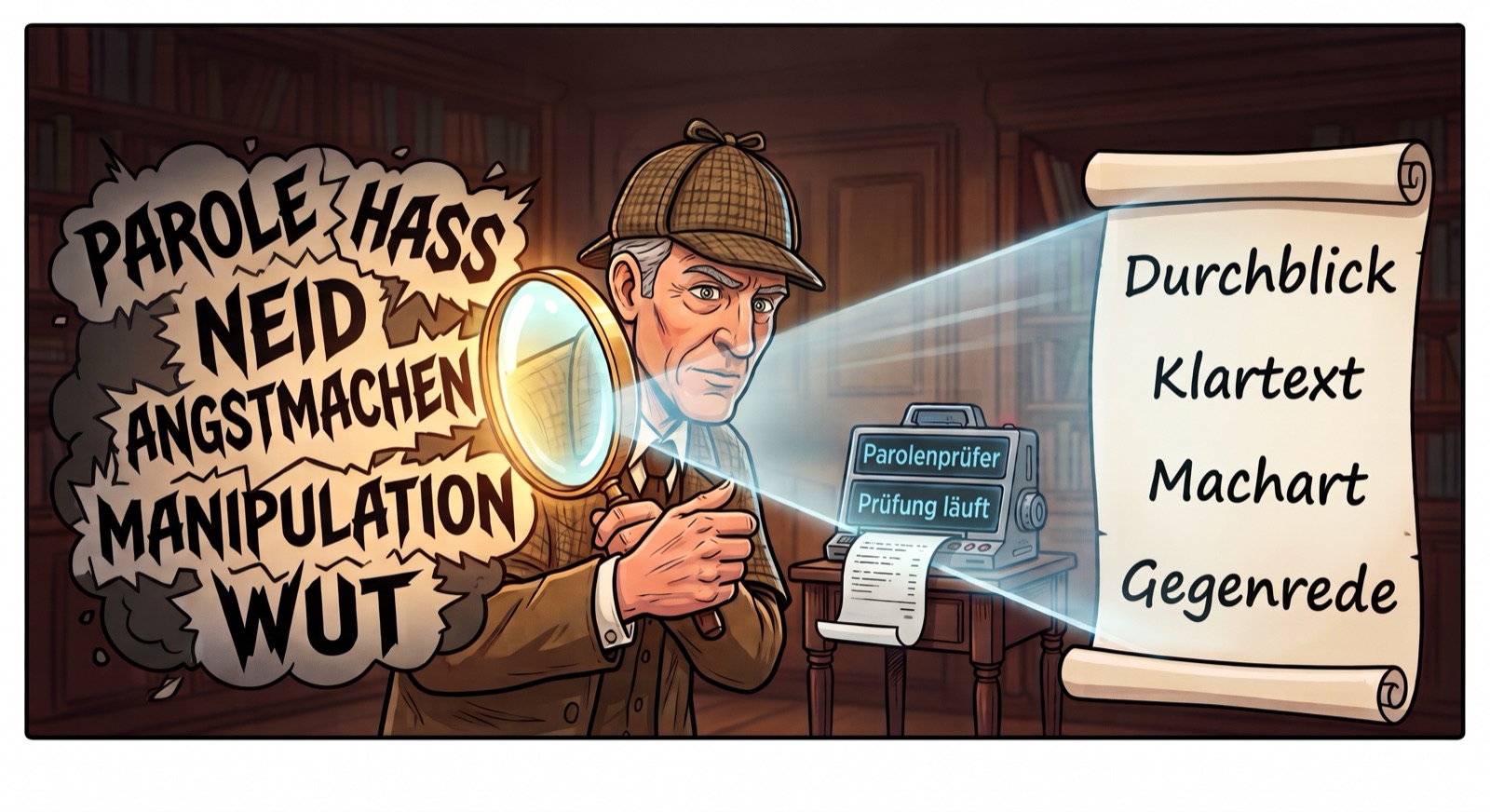 Comic: Ein Detektiv richtet seine Lupe auf eine wirre Wolke aus Wörtern wie Hass, Neid und Angstmachen; ein Gerät mit der Aufschrift »Parolenprüfer — Prüfung läuft« druckt daraus eine geordnete Schriftrolle: Durchblick, Klartext, Machart, Gegenrede.